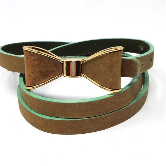 Tarnish Accessories - TARNISH TAN & MINT GREEN STRUCTURED BOW SKINNY LEATHER BELT WOMEN MEDIUM